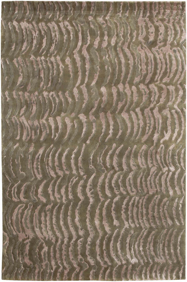 Close-up of the Selma Area Carpet. Hand-knotted wool rug with a contemporary wavy pattern in olive green and blush pink. Design-Rectangle-58