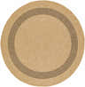 Close-up of round Andie Bordered Faux Jute Rug. Tan rug with a dark brown border. Machine woven texture. Design-Round-53