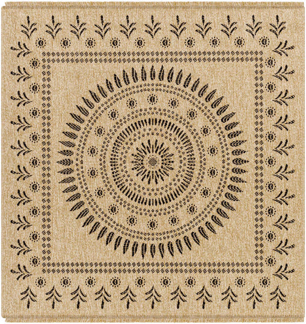 Close-up of the Beata Faux Jute Rug in camel with a black medallion and floral pattern. Farmhouse style. Design-Square-53