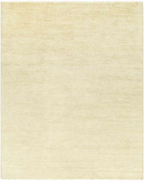 Close-up of the hand-knotted Powa Light Yellow Area Rug. Neutral beige tones, wool texture, and subtle fringe detail. Design-Rectangle-810
