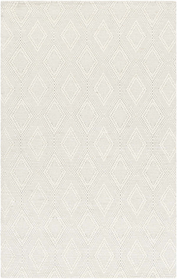 Close-up of the Kasib Cream Hand Woven Area Rug showing its diamond pattern and woven texture in beige and rose cream. Design-Rectangle-576