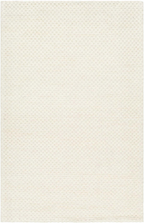 Close-up of the hand woven Kassa Cream Area Rug, showing its beige and rose cream textured pattern. Design-Rectangle-576