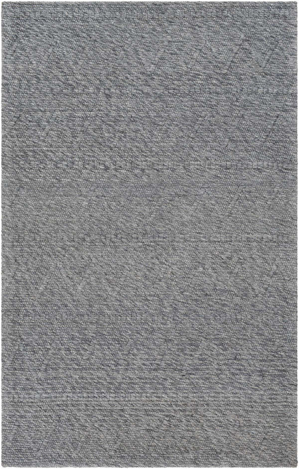 Close-up of the hand woven Kyung Dark Gray Area Rug, featuring a subtle geometric pattern and textured gray wool and nylon blend. Design-Rectangle-576