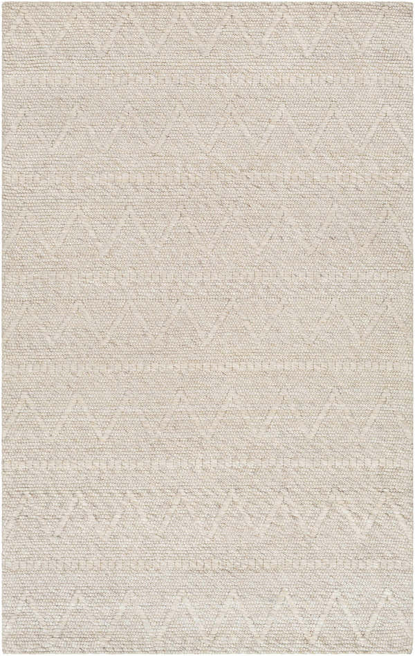 Close-up of the Kyung Beige Area Rug showing its woven texture and geometric pattern. Farmhouse style. Design-Rectangle-576