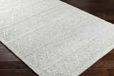 Close-up of the hand woven Kyung Gray Area Rug showing its light gray color and geometric pattern. Corner