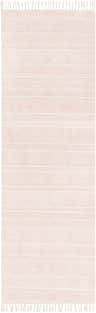 Close-up of the hand woven Serena Area Rug. Dusty coral and peach cotton rug with bohemian stripe pattern and fringe. Design-Runner-268