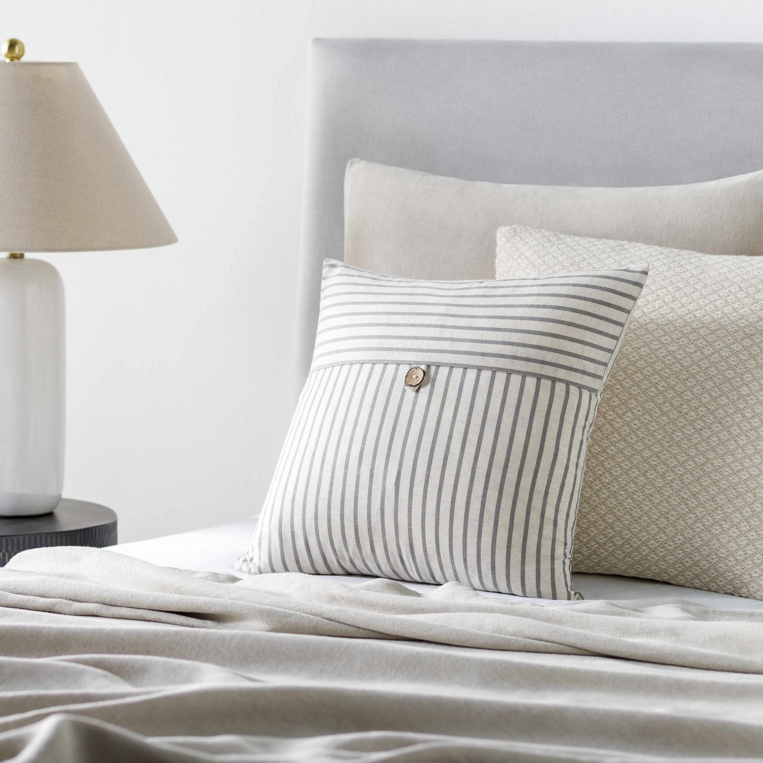Seyhan Beige Striped Button Accent Pillow - Clearance