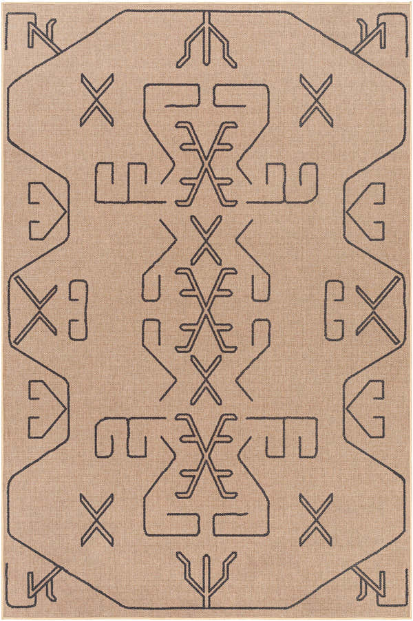 Close-up of the Hamid Washable Jutely Rug in camel with a dark brown geometric pattern. Farmhouse style. Design-Rectangle-58