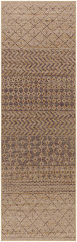 Close-up of Inali Washable Area Rug. Farmhouse style rug in camel, clay, and dark brown with geometric diamond and chevron patterns. Design-Runner-268