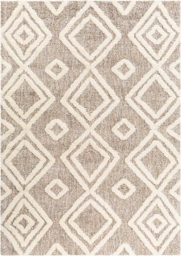 Close-up of Nima Area Rug. Bone and cloud gray shag rug with geometric diamond pattern. Soft texture. Design-Rectangle-537