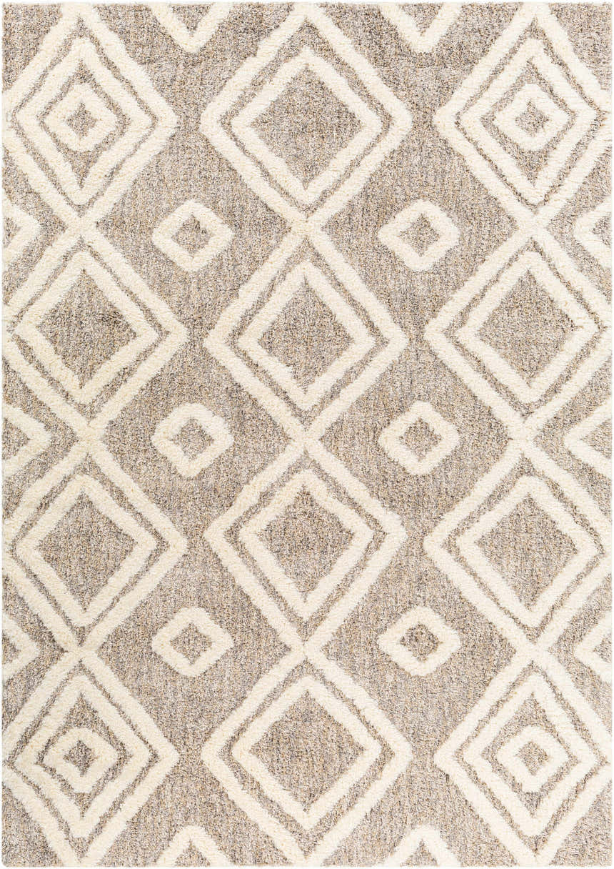 Close-up of Nima Area Rug. Bone and cloud gray shag rug with geometric diamond pattern. Soft texture. Design-Rectangle-537