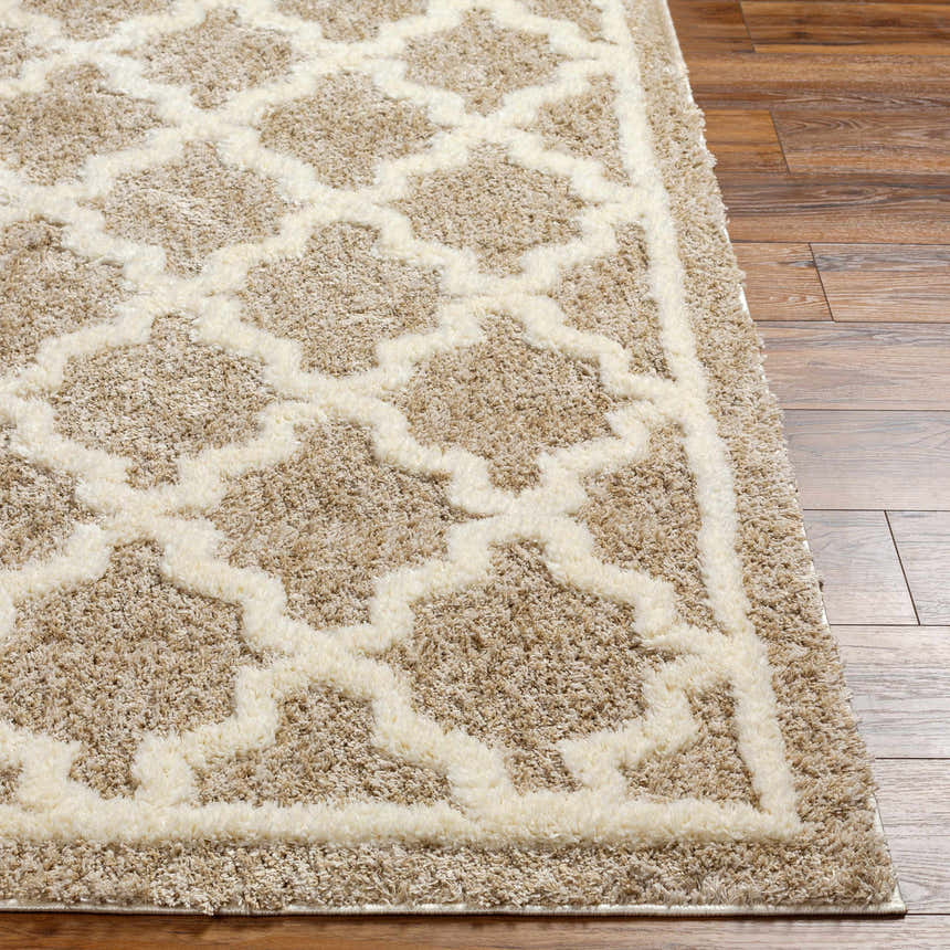 Close-up of the Yepa Tan Area Rug showing a geometric shag design in cream and tan on hardwood floors. Front