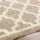 Close-up of the Yepa Tan Area Rug showing its shag texture and geometric pattern in tan and ivory. Texture