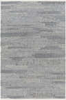 Close-up of the hand woven Chepe Area Rug. Features charcoal, gray, and silver tones in a contemporary horizontal pattern. Design-Rectangle-576