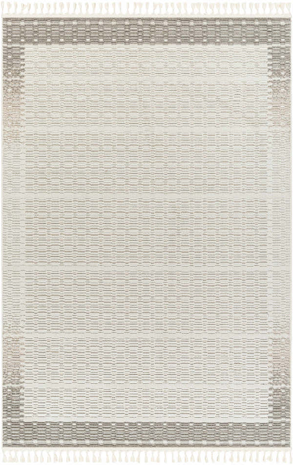 Close-up of the Ajda Area Rug. Beige, bone, and gray geometric pattern with tassels. Farmhouse style. Design-Rectangle-537