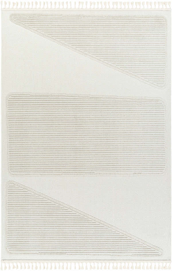 Close-up of Brac Area Rug - Clearance, featuring a geometric pattern of beige stripes and tassels. Design-Rectangle-537