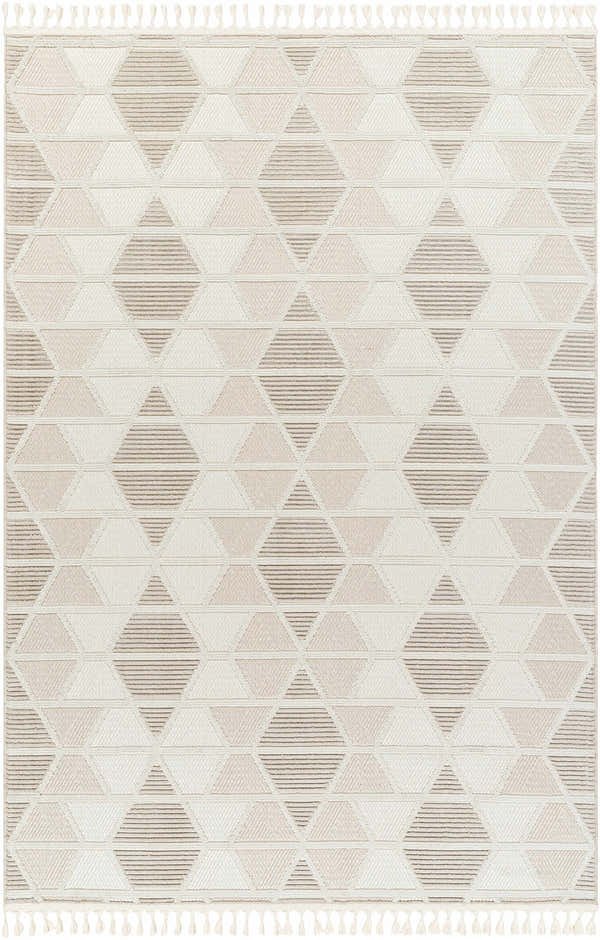 Close-up of the Tova Area Rug. Geometric, farmhouse style in beige, bone, and brown. Features tassels. Design-Rectangle-537