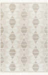 Close-up of the Tova Area Rug. Geometric, farmhouse style in beige, bone, and brown. Features tassels. Design-Rectangle-537