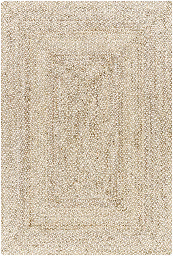 Close-up of the Elkie Area Rug showing its hand-loomed jute texture and concentric square design in lambswool and light brown. Design-Rectangle-576