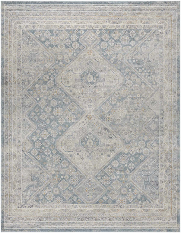 Detailed view of the Sagen Blue Medallion Area Rug, featuring a traditional diamond and floral pattern in blue, gray, and cream. Design-Rectangle-71010