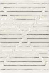 Close-up of the hand-tufted Wyome Area Rug. Off-white wool rug with a gray geometric pattern. Farmhouse style. Design-Rectangle-576