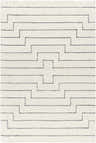 Close-up of the hand-tufted Wyome Area Rug. Off-white wool rug with a gray geometric pattern. Farmhouse style. Design-Rectangle-576