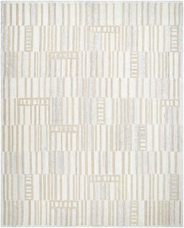 Close-up of the Shoji Modern Wool Rug with ash, pearl, and gray vertical stripes and geometric shapes. Hand-tufted texture. Design-Rectangle-810