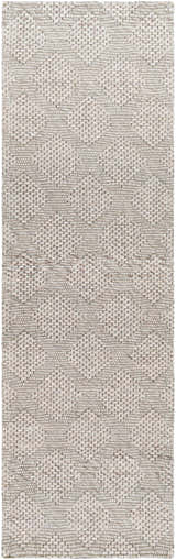 Close-up of the hand woven Sauget Area Rug. Off white wool and polyester create a textured, contemporary design. Design-Runner-268