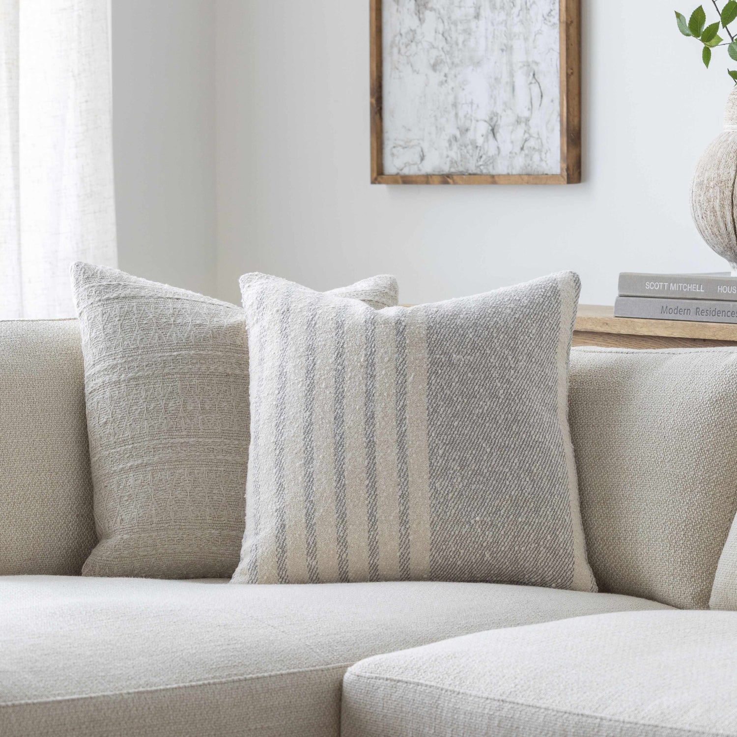 Cavira Beige Raised Curved Stitch Modern Cotton Accent Pillow - Clearance