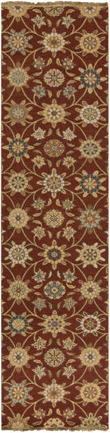 Close-up of the Shade Area Carpet runner. Hand-knotted 100% wool rug with a floral pattern in camel, beige, and dark purple on light brown. Design-Runner-2610