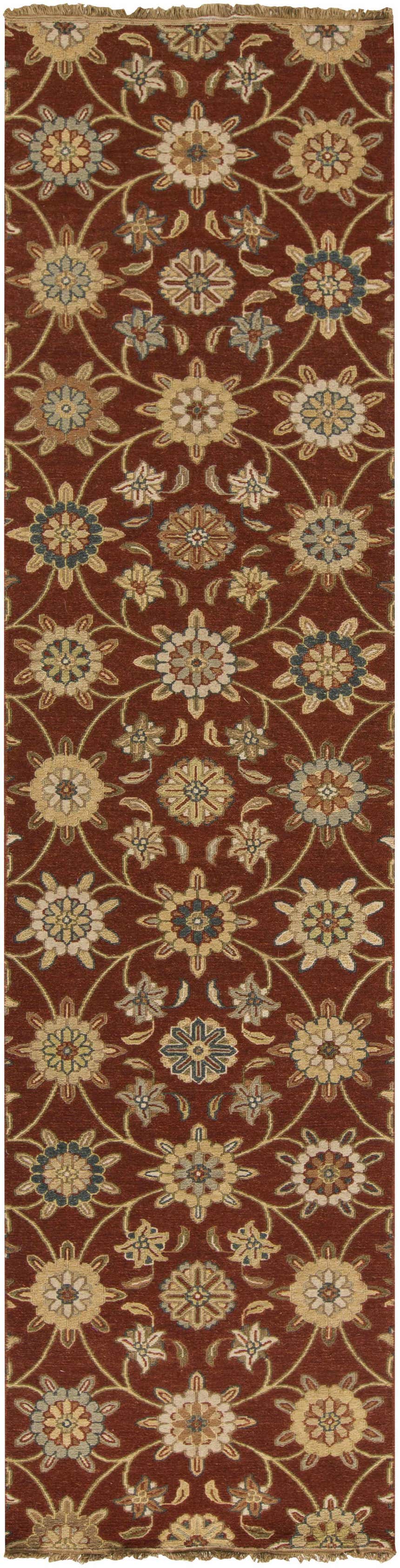 Close-up of the Shade Area Carpet runner. Hand-knotted 100% wool rug with a floral pattern in camel, beige, and dark purple on light brown. Design-Runner-2610
