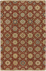 Close-up of the Shade Area Carpet. Hand-knotted rug with a camel, beige, brown, and purple floral pattern on a red background. Design-Rectangle
