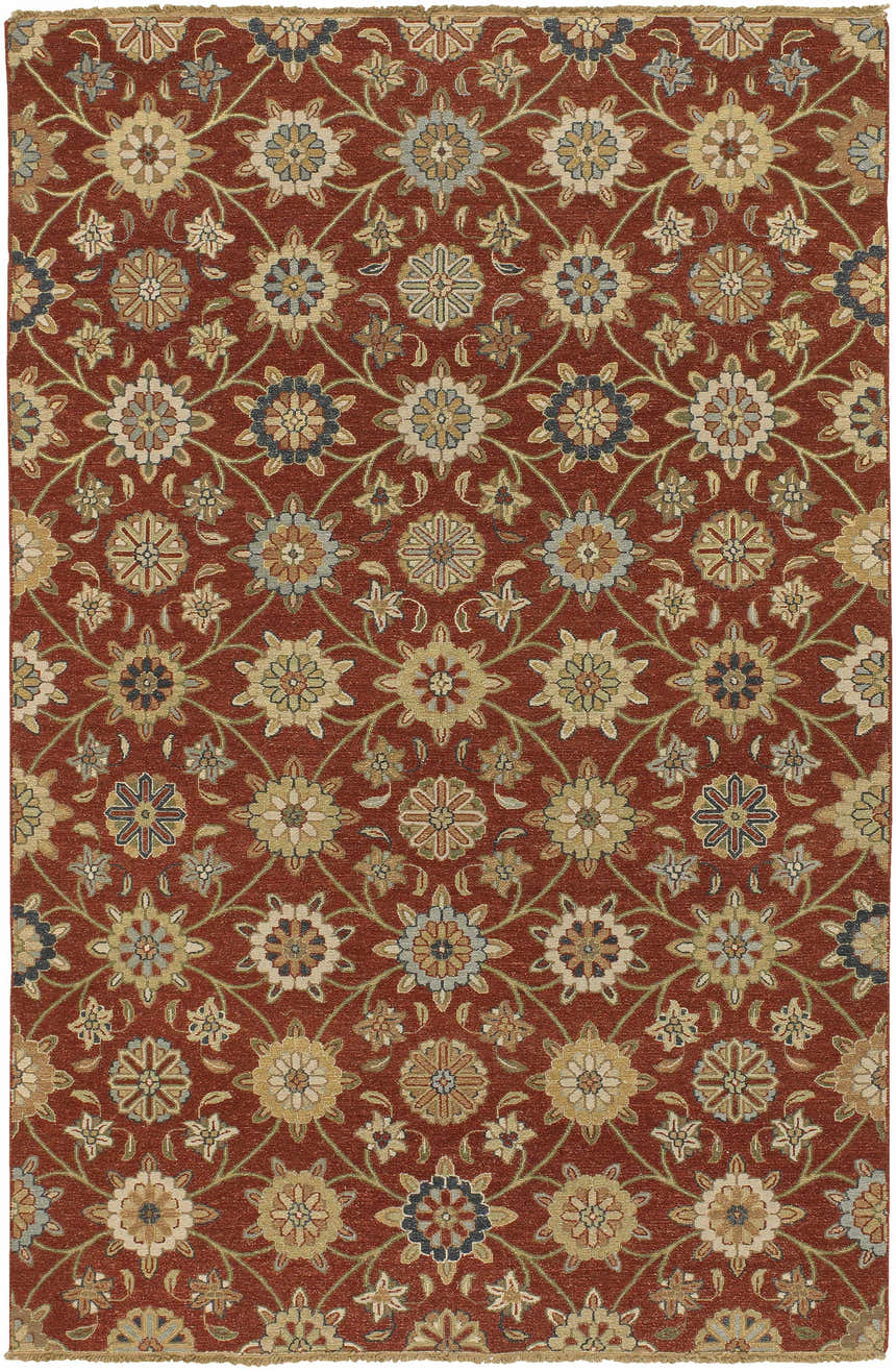 Close-up of the Shade Area Carpet. Hand-knotted rug with a camel, beige, brown, and purple floral pattern on a red background. Design-Rectangle