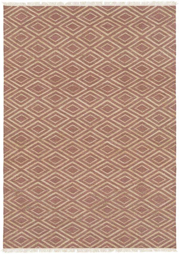 Close-up of Shageluk Handcrafted Fringed Jute Carpet Area Rug in cream, mauve, and tan with diamond pattern and jute texture. Design-Rectangle-576