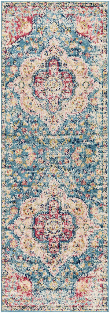 Close-up of the Sharnbrook Area Rug, a machine-woven runner with a traditional oriental design in cream, pink, blue, and yellow. Design-Runner-2776