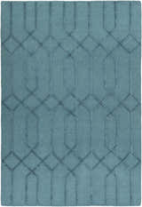 Close-up of the teal Sharps Area Carpet. Hand-knotted wool rug with a geometric trellis pattern. Farmhouse or transitional style. Design-Rectangle