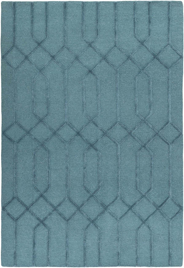 Close-up of the teal Sharps Area Carpet. Hand-knotted wool rug with a geometric trellis pattern. Farmhouse or transitional style. Design-Rectangle