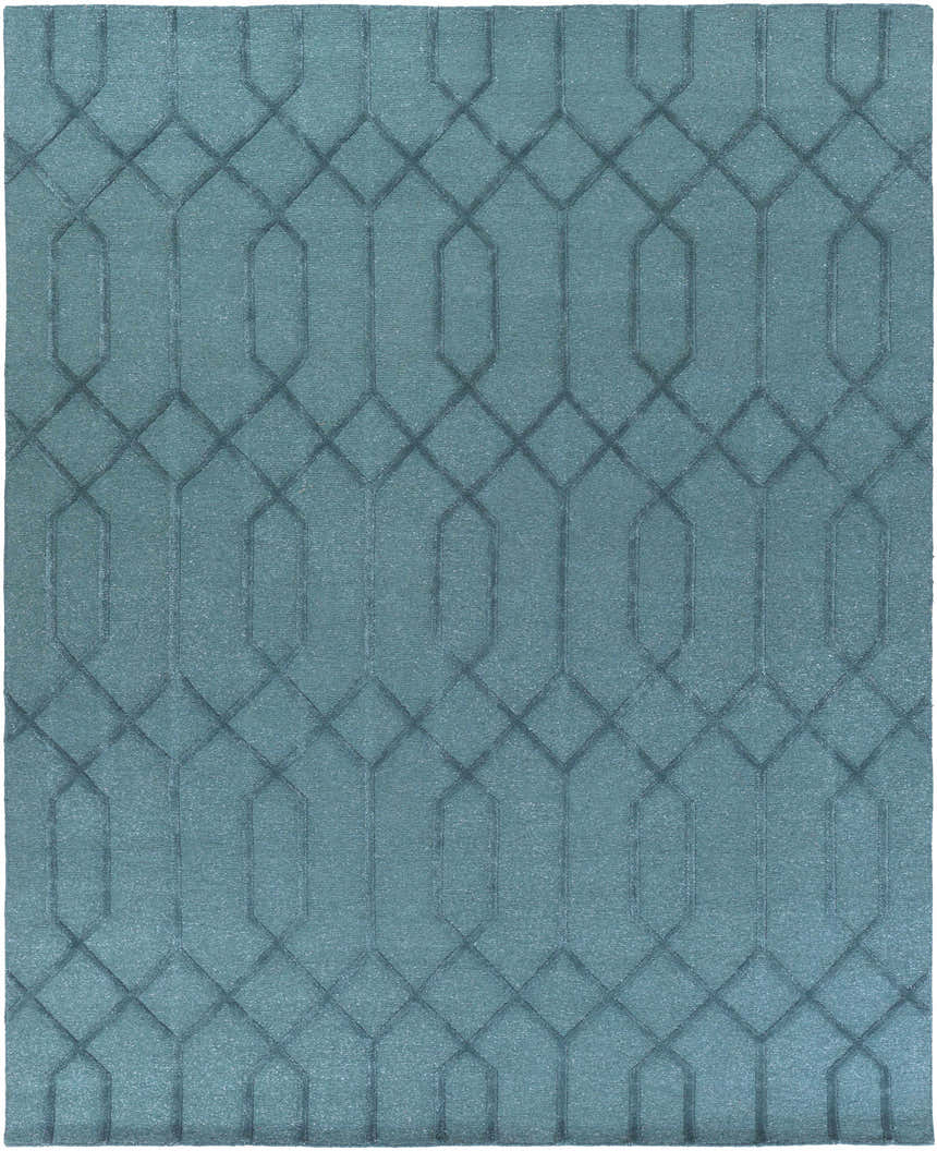 Close-up of teal Sharps Area Carpet. Hand-knotted wool rug with a geometric diamond pattern. Farmhouse, transitional style. Design-Rectangle-810