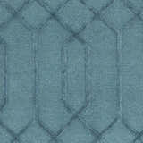 Close up of the teal Sharps Area Carpet, a hand knotted wool rug with a geometric trellis pattern. Swatch