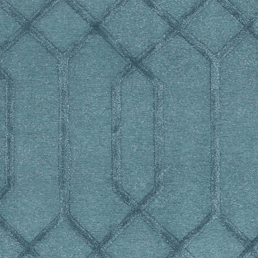 Close up of the teal Sharps Area Carpet, a hand knotted wool rug with a geometric trellis pattern. Swatch