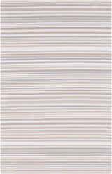 Close-up of the hand woven Shawville Area Rug. Features a striped pattern in brown, gray, tan, and white. Design-Rectangle-576