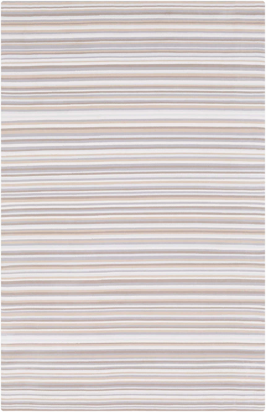 Close-up of the hand woven Shawville Area Rug. Features a striped pattern in brown, gray, tan, and white. Design-Rectangle-576