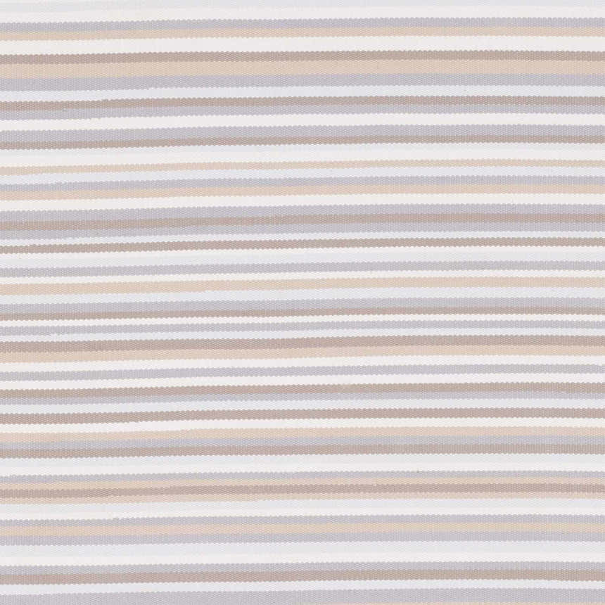 Close-up of the Shawville Area Rug showing a striped pattern in brown, gray, tan, and white hues. Fold