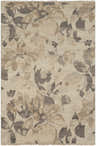 Close-up of the Shawnee Carpet. Hand-knotted wool rug with a contemporary floral pattern in shades of beige, taupe, and gray. Design-Rectangle