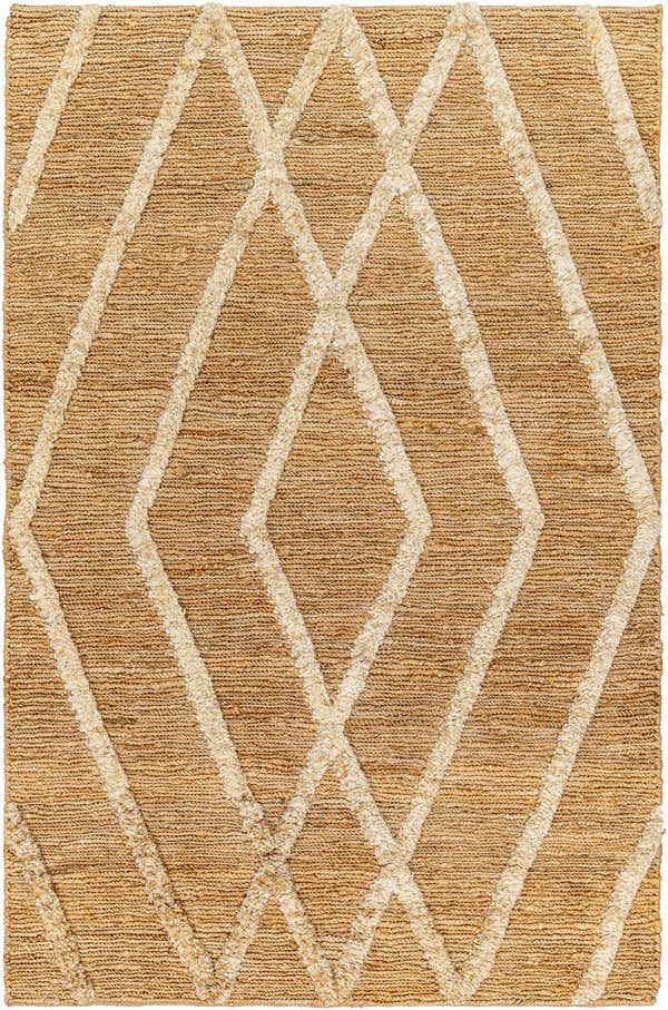 Close-up of Allie Textured Jute Rug showing natural jute and off-white diamond pattern. Hand-woven farmhouse style. Design-Rectangle-576