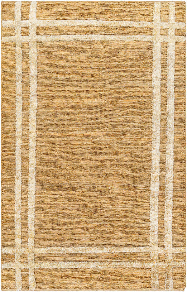 Close-up of the hand woven Kazu Area Rug. Tan jute rug with an off white farmhouse inspired plaid pattern. Design-Rectangle-576