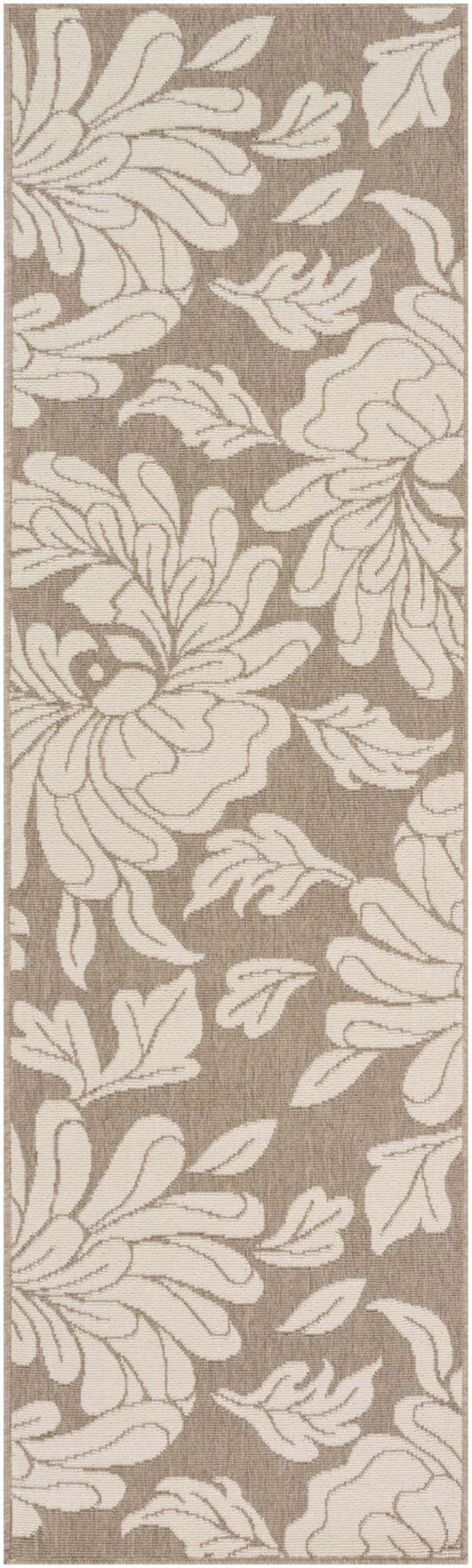 Close-up of the Sherard Area Rug; beige floral pattern on a dark red background. Machine-woven olefin rug. Design-Runner-2379