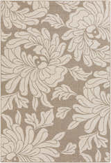 Close-up of the Sherard Area Rug featuring a beige floral pattern on a dark red olefin background. Design-Rectangle-5376