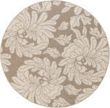 Close-up of round Sherard Area Rug. Beige olefin rug with a contemporary floral pattern. Machine woven rug. Design-Round-73