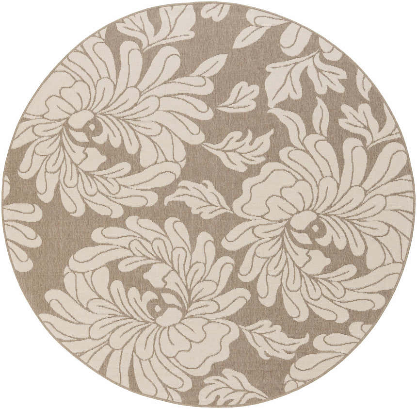 Close-up of round Sherard Area Rug. Beige olefin rug with a contemporary floral pattern. Machine woven rug. Design-Round-73